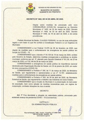 Decreto Municipal 1462/20 de Barão/RS. Pág. 1/4