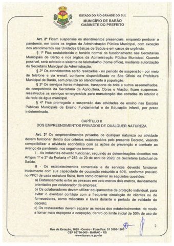 Decreto Municipal 1462/20 de Barão/RS. Pág. 2/4
