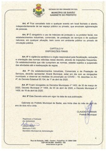 Decreto Municipal 1462/20 de Barão/RS. Pág. 4/4